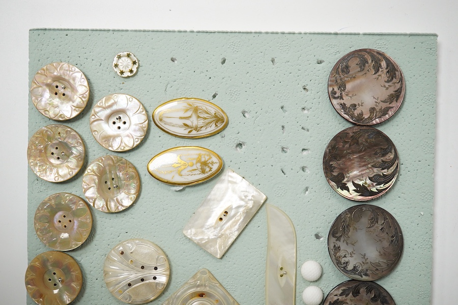 A collection of assorted Victorian and later mother of pearl buttons, largest 40mm. Condition - good